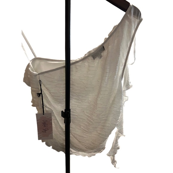 Crystal Sky White One Shoulder Ruffle Ruched Mesh Top Size L - Picture 2 of 4